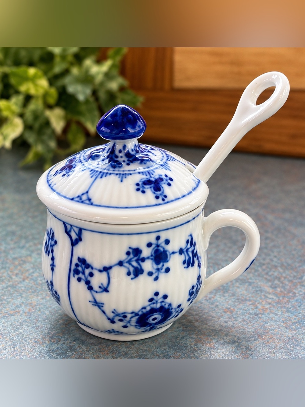 Vintage Royal Copenhagen Blue Fluted Mustard Pot with Lid & Spoon – Denmark 64